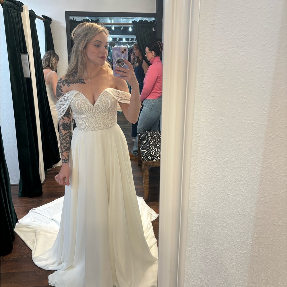 Cream Flutter Sleeve Off-Shoulder Wedding Gown